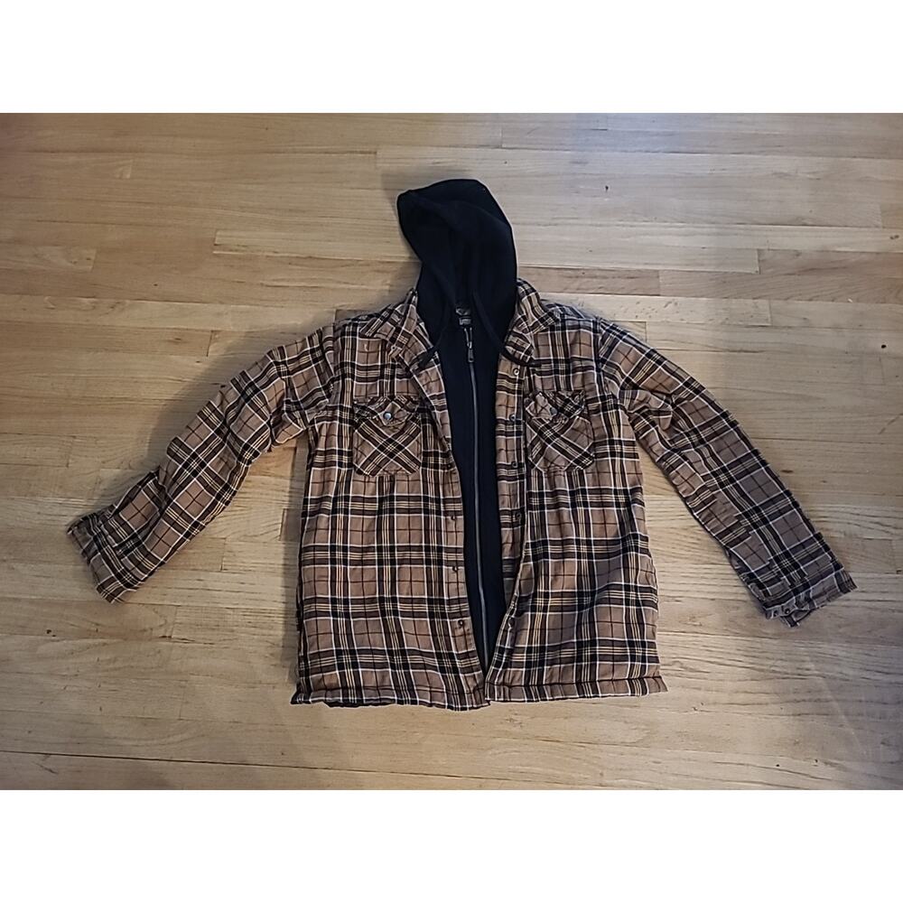 Berkley Jensen Mens L Jacket Hooded Quilted Flannel Orange Brown Plaid Full Zip